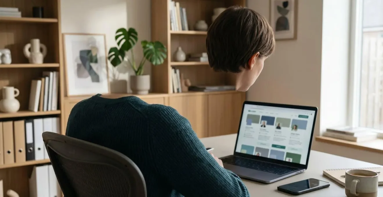 Rückenansicht einer Person, die Immobilienmakler-Profile auf einem Laptop in einem zeitgenössischen Home-Office durchsieht