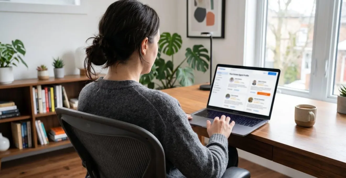 Rückenansicht einer Person, die Immobilienmakler-Profile auf einem Laptop in einem zeitgenössischen Home-Office durchsieht