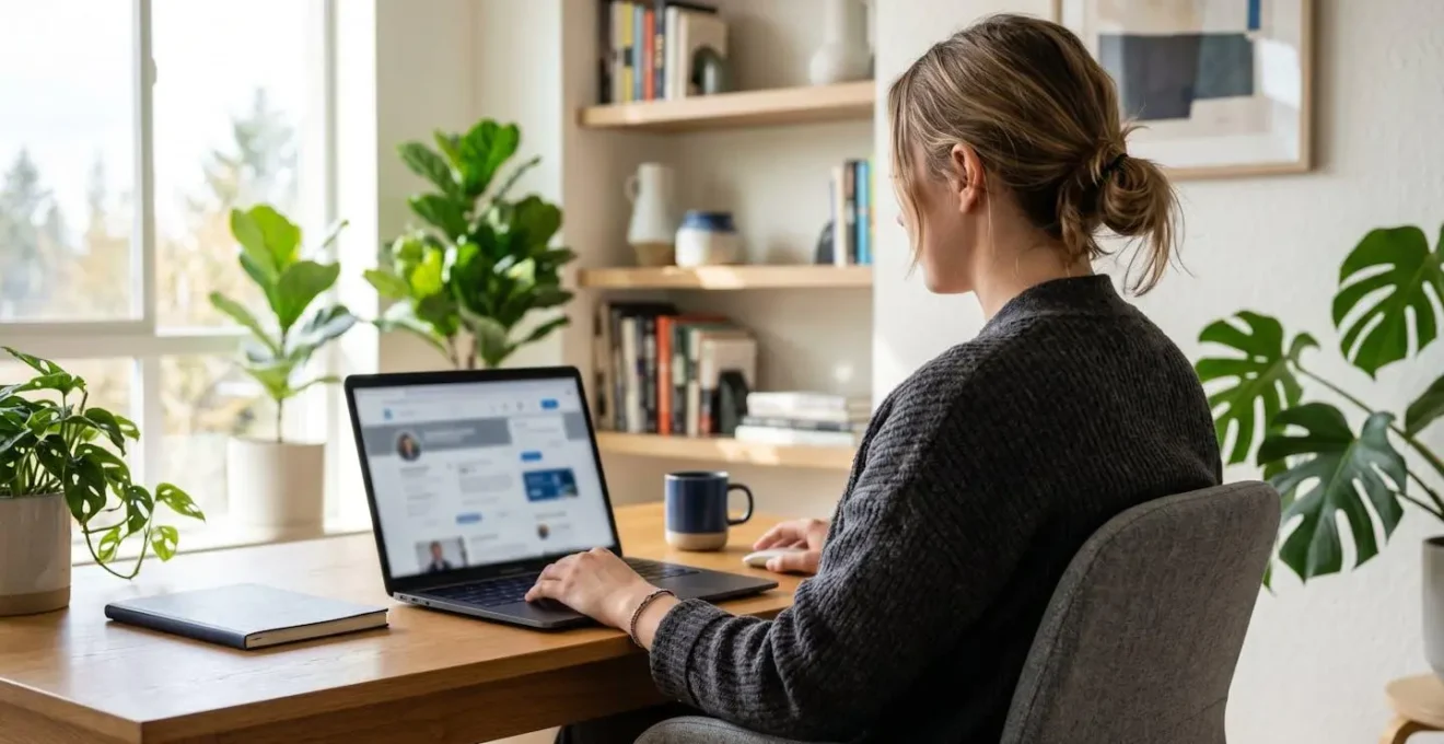 Rückenansicht einer Person, die Immobilienmakler-Profile auf einem Laptop in einem zeitgenössischen Home-Office durchsieht