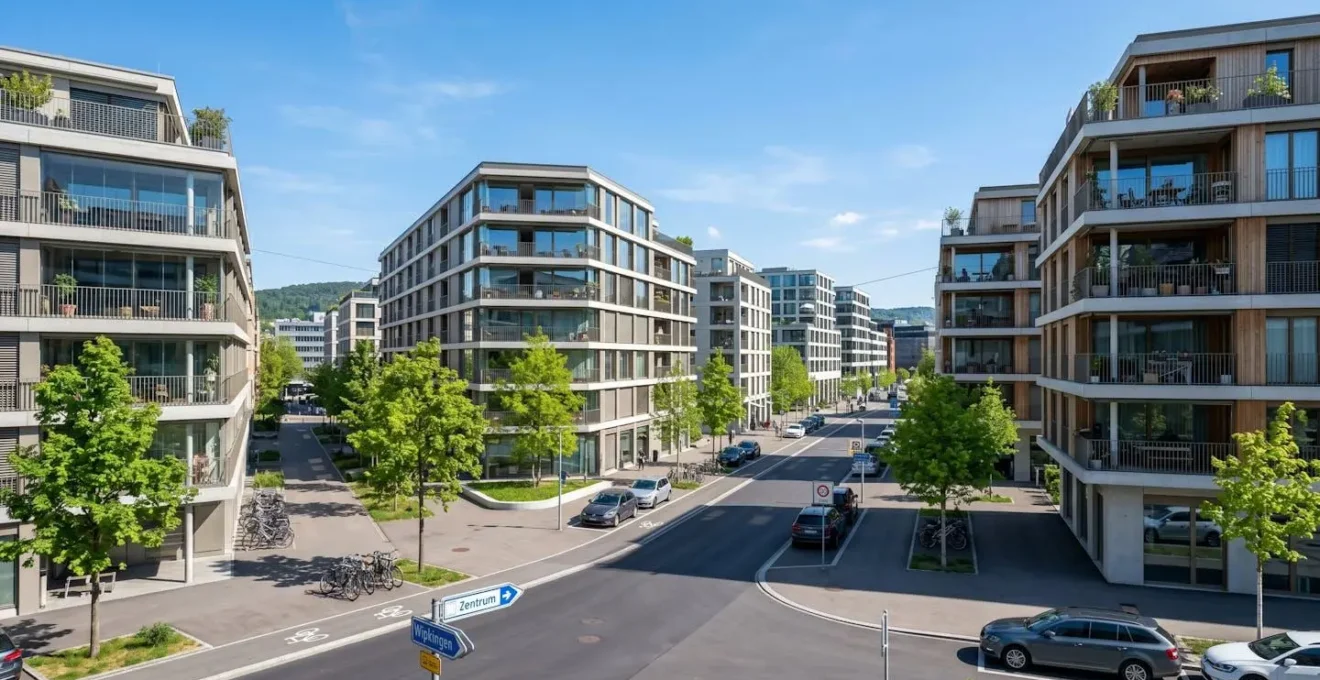 Modernes Wohnquartier in Zürich mit zeitgenössischen Mehrfamilienhäusern und klaren Architekturlinien bei Tageslicht