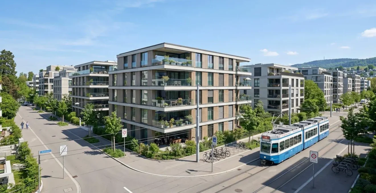Modernes Wohnquartier in Zürich mit zeitgenössischen Mehrfamilienhäusern und klaren Architekturlinien bei Tageslicht