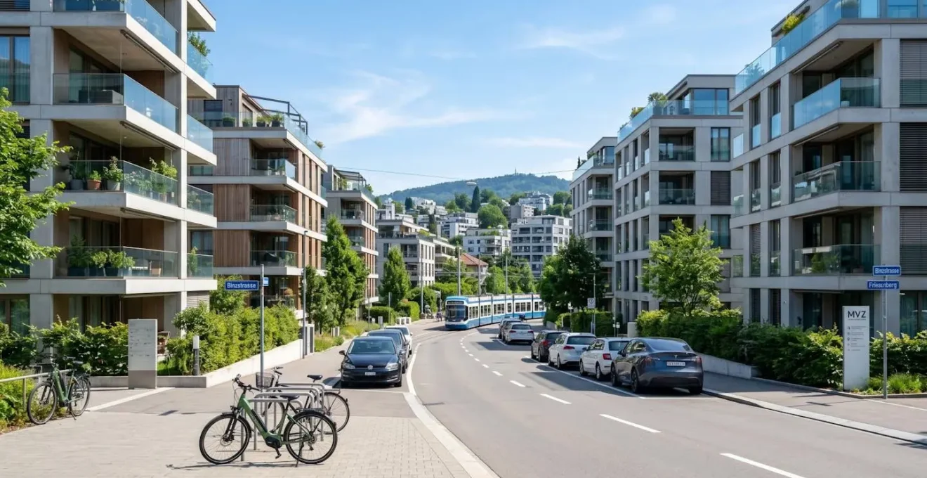 Modernes Wohnquartier in Zürich mit zeitgenössischen Mehrfamilienhäusern und klaren Architekturlinien bei Tageslicht