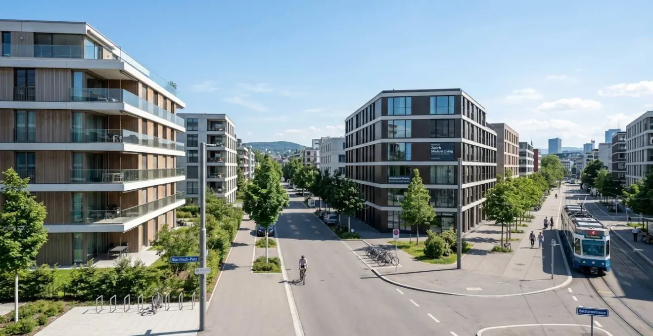 Modernes Wohnquartier in Zürich mit zeitgenössischen Mehrfamilienhäusern und klaren Architekturlinien bei Tageslicht