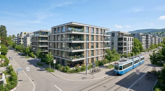 Modernes Wohnquartier in Zürich mit zeitgenössischen Mehrfamilienhäusern und klaren Architekturlinien bei Tageslicht